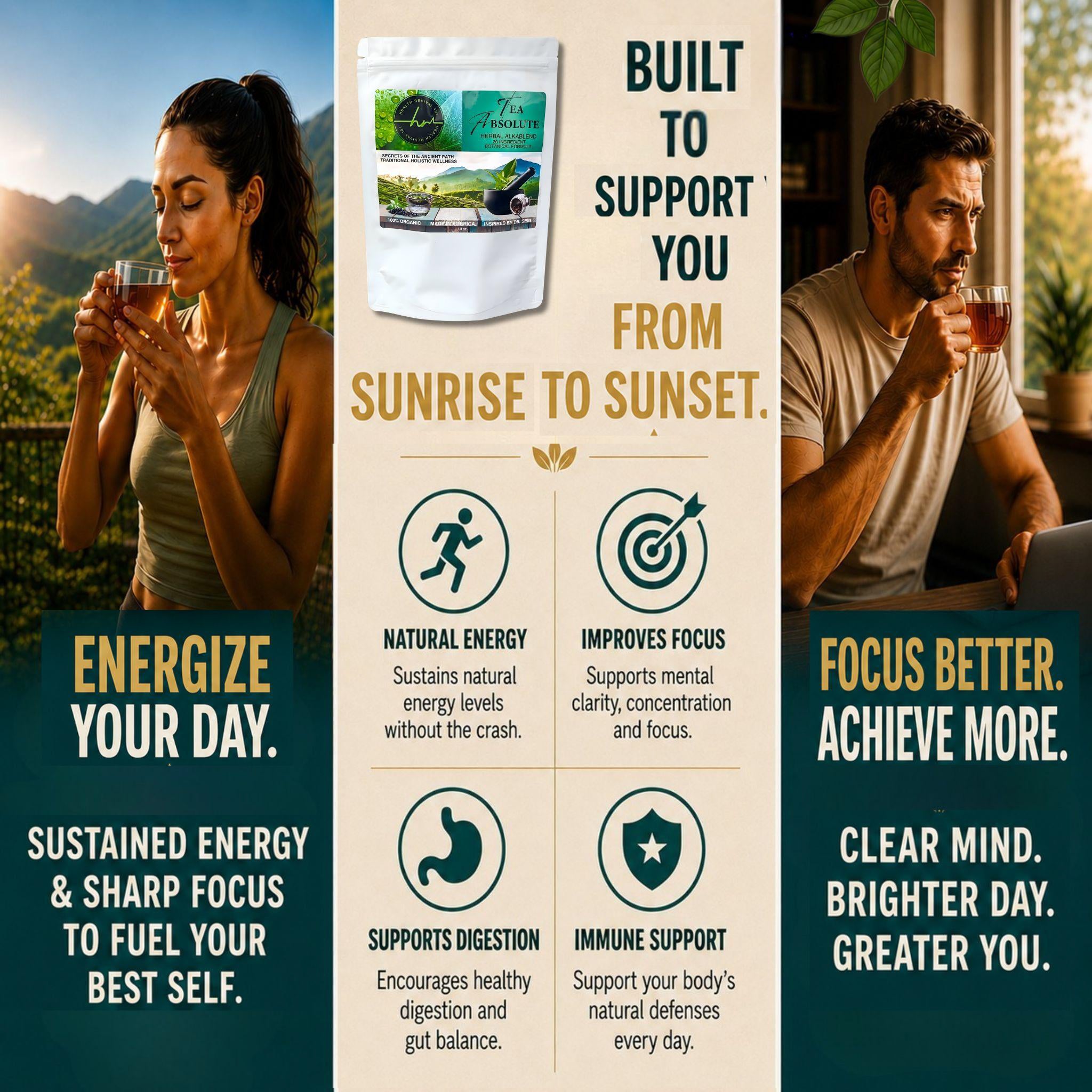 Tea Absolute Alkablend – Organic Loose Leaf Herbal Tea, 20-Ingredient Botanical Wellness Blend for Gut Health, Detox & Immune Support – Daytime Energy & Focus Blend, Caffeine-Free