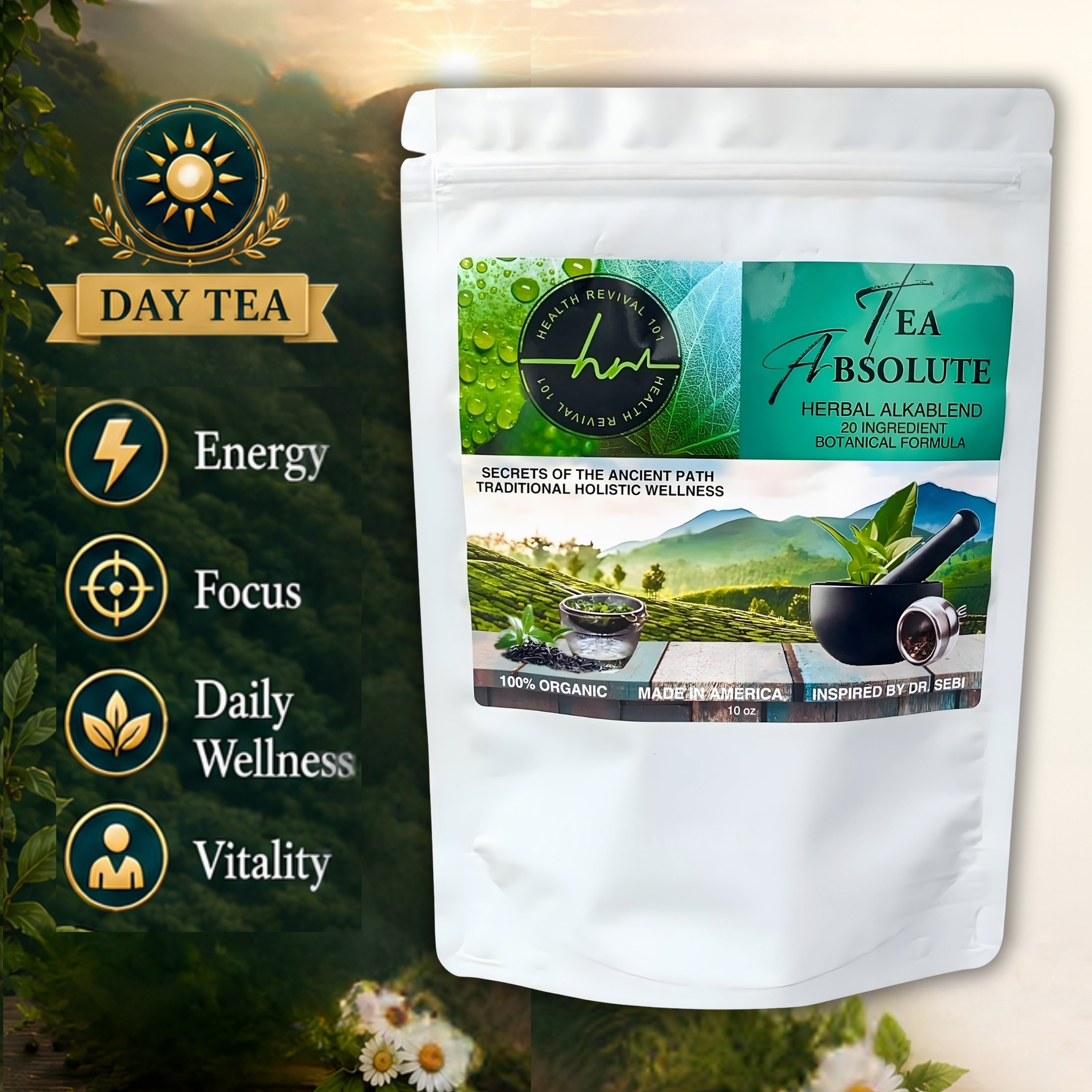 Tea Absolute Alkablend – Organic Loose Leaf Herbal Tea, 20-Ingredient Botanical Wellness Blend for Gut Health, Detox & Immune Support – Daytime Energy & Focus Blend, Caffeine-Free